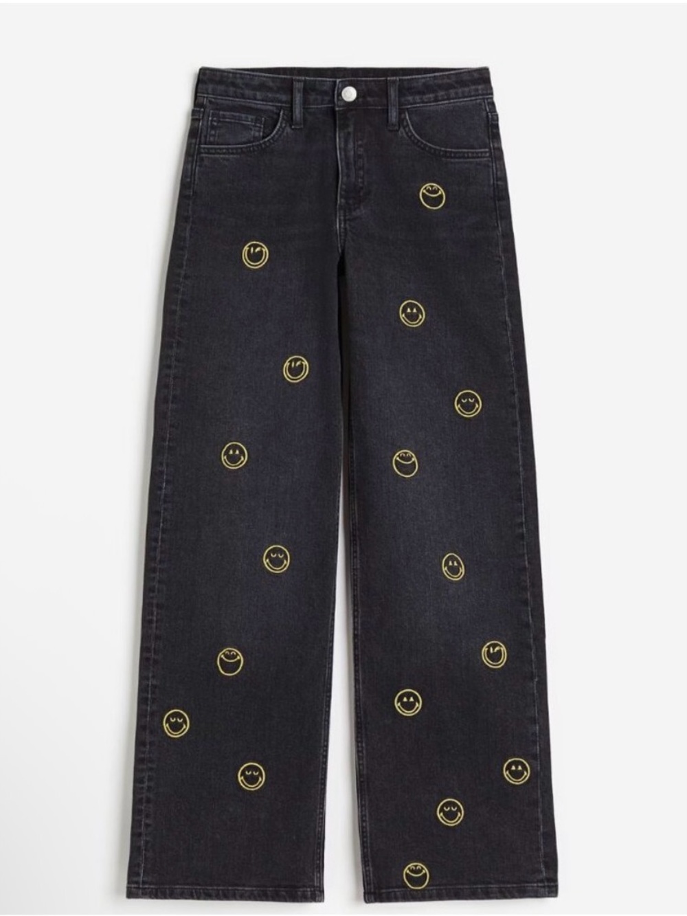 H&M NWT Girls Kids Smiley Face Wide Leg Jeans Black Y2K Grunge Skater 12